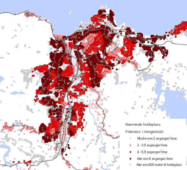 Rapport v 11 37 4.2.2 Frekvenser / antall avganger på nærmeste holdeplass For å kunne si mer om kvaliteten på kollektivtilbudet, er det også sett nærmere på antall avganger på de ulike holdeplassene.