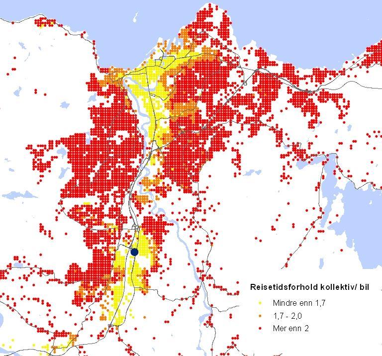 Rapport v 11 39 Det gjennomsnittlige reisetidsforholdet til City Syd for alle bosatte i enhetstakstsonen er på 2,4.