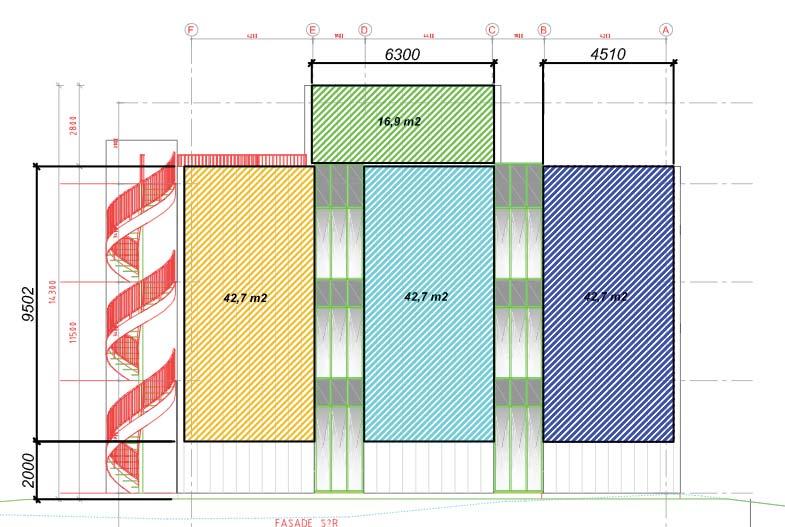 3.6. Fasade for PV-solceller Byggets syd-vegg er delt opp i tre kolonner med fasade og to kolonner med vinduer. De tre kolonnene er markert gul, turkis og blå i figuren nedenfor.