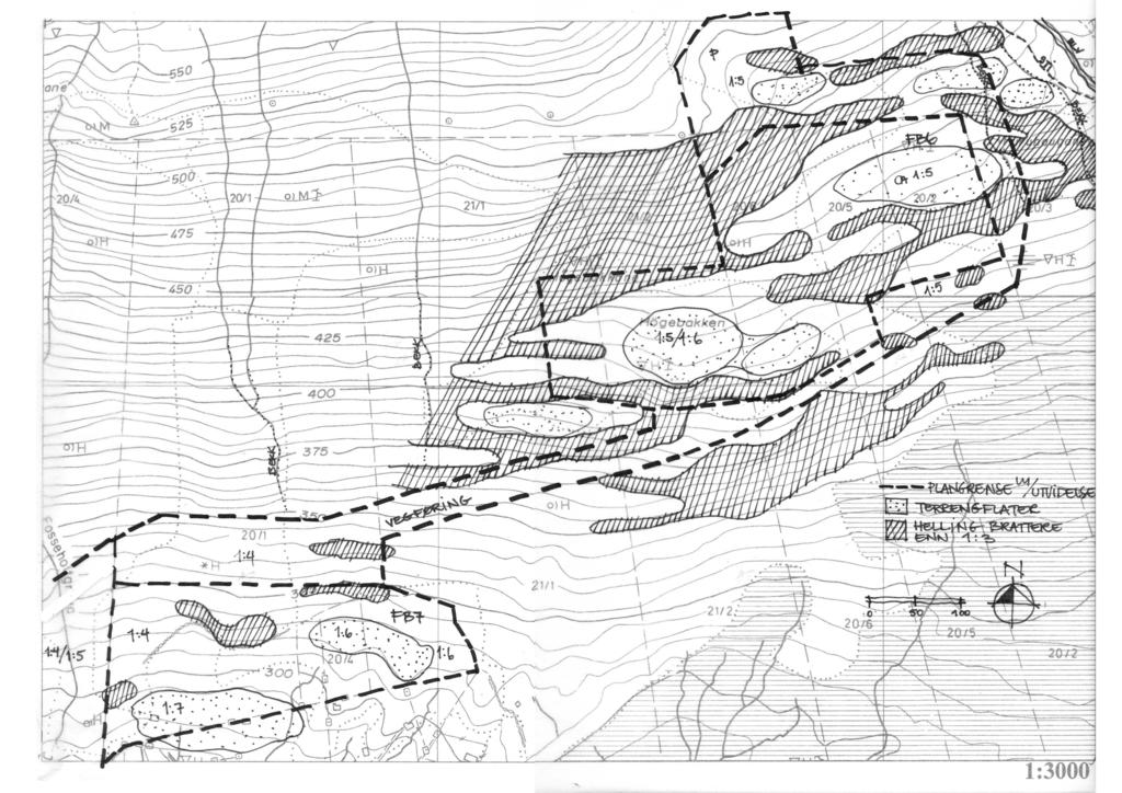 Nordplan side 7 Utbyggingsplan Naustdalsetra og Furuhogane Områder med terrengfall mellom 1:3 1:6 kan byggast ut med bygningar som tar spesielt omsyn til terrengtilpassing, t.d. med maks.