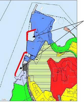 I kommuneplanen er området i hovudsak lagt ut til eksisterande (mørk blå) og framtidig næringsformål (lys blå) utan høve til vidare utfylling i Ulvesundet. Planlagde utfyllingar er skissert med raudt.