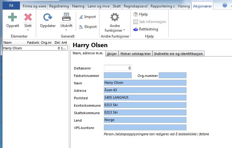 Aksjonærregister Her er det også mulig og velge Import dersom du har et aksjonærregister fra et annet system eller fra et annet maestro datasett.