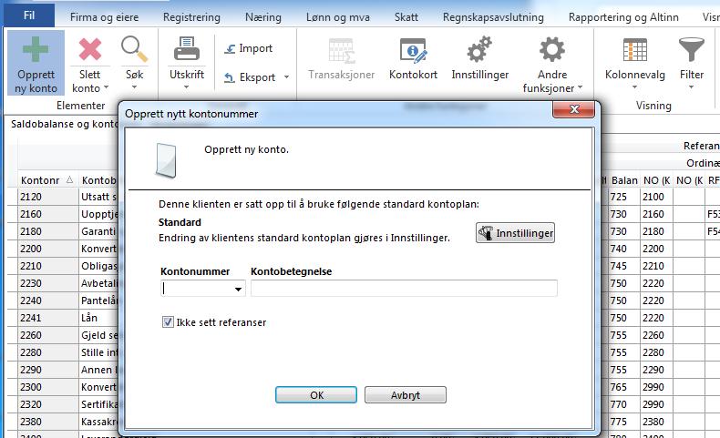 Standardfunksjoner i saldobalanse/kontoplan Opprette ny konto(f5) og Slette konto(f6) Ny konto opprettes ved å klikke på knappen Opprette ny konto. Slette konto ved å klikke på knappen Slett konto.