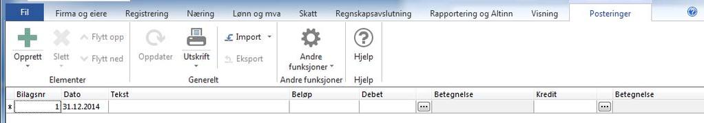 Tilleggsposteringer Tilleggsposteringer gjør du under Registrering Tilleggsposteringer. Klikk på knappen Opprett ny linje (F5) og registrerer tilleggsposteringen.
