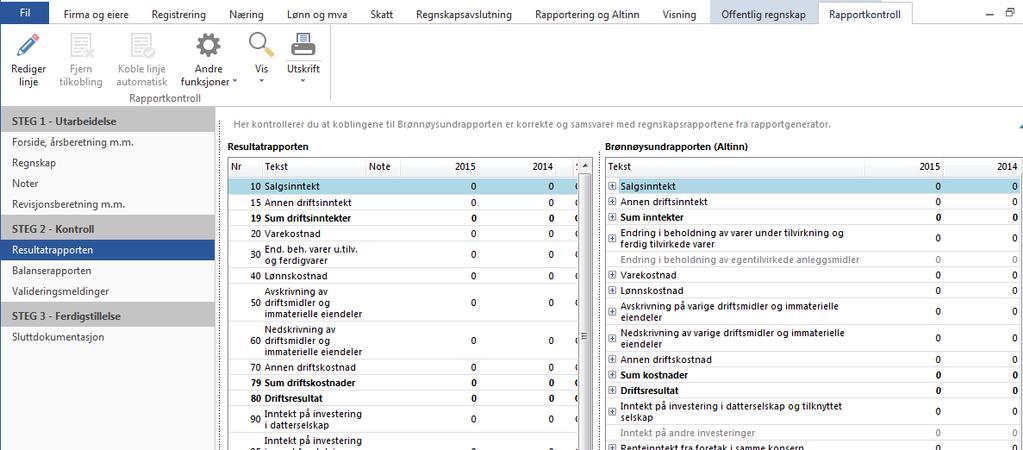 Resultat og Balanse I dette skjermbilde vises hvordan linjene i rapportene er koblet til den elektroniske rapporten som skal sendes til Altinn.