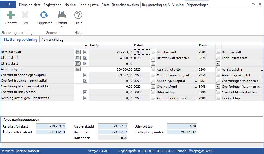 SKATTER, OVERFØRINGER OG DISPONERINGER Denne menyen ligger under Regnskapsavslutning Skatter, Overføringer og Disponeringer. Her foretar du avsluttende disponeringer i forbindelse med årsoppgjøret.