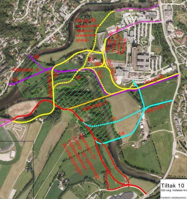 Dette er korridorar der eksakt plassering og utforming av bru ikkje er over. Gangvegen er vist med grå linje på kartet (fig. 17). betydning for val av alternativ.