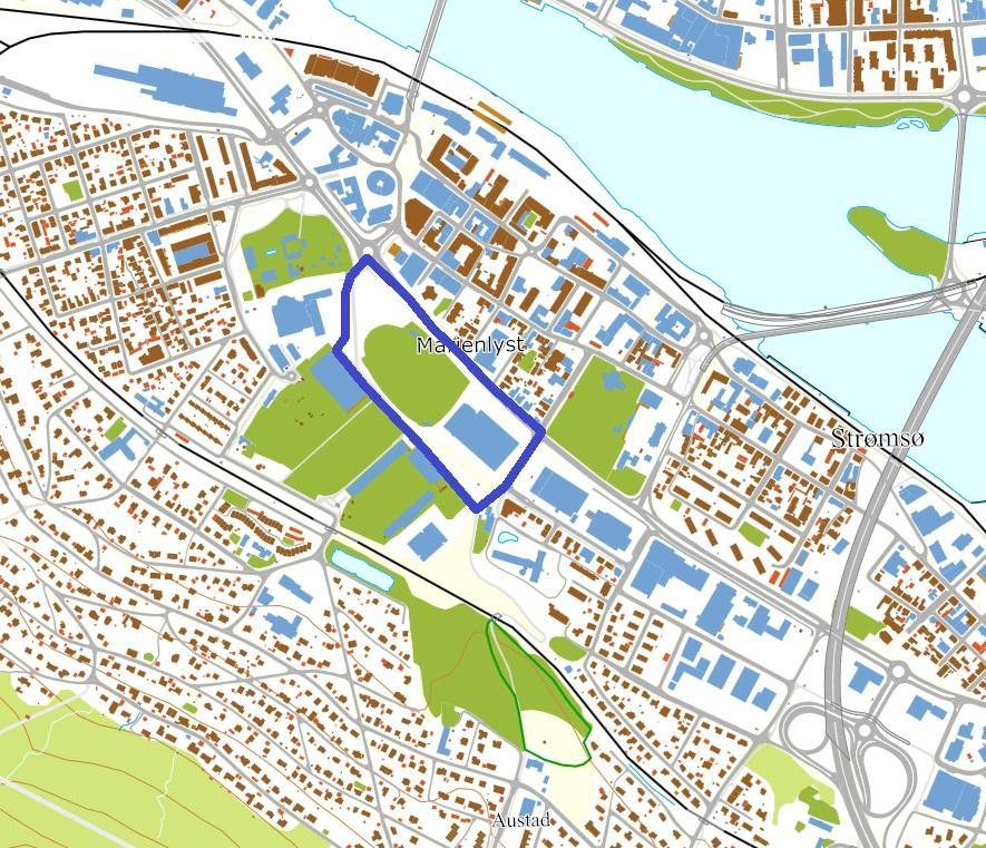 MARIENLYST Området er i dag avsatt til friområde idrett og inneholder friidrettsbane og Drammenshallen samt kastefeltet i den nordlige enden.