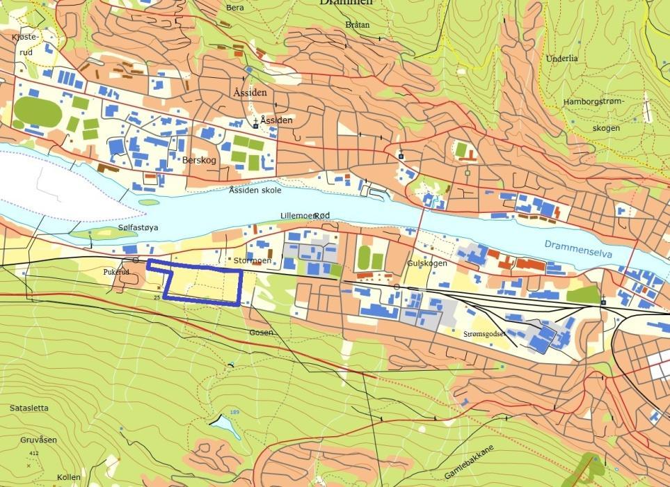 Vurdering: - Bygger ned eksisterende grønnstruktur som i dag Kan bidra til å styrke kollektivbetjening utgjør en buffer mot E134 Kan bidra til å sikre ny undergang under - Støyutsatt opp mot E134