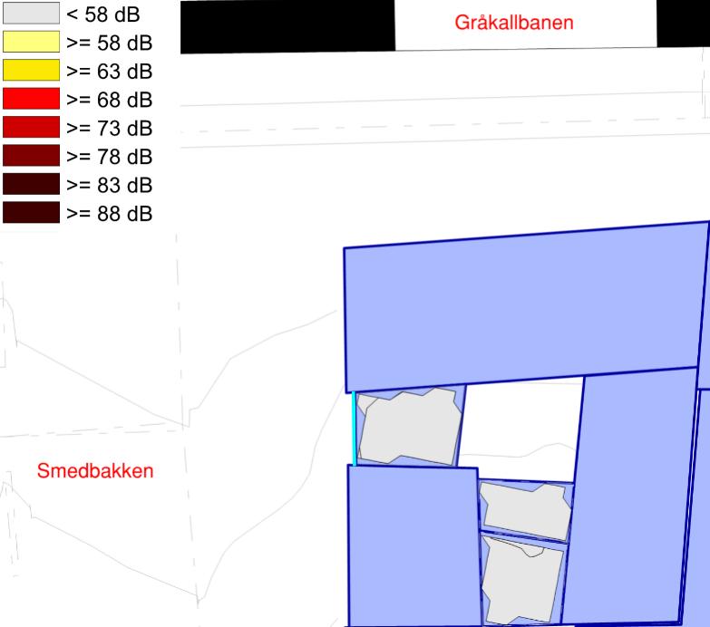 10/13 KONGENS GATE 43 Av figur 4 kan man se at alt uteoppholdsareal tilknyttet terrasser i Kongens gate 43 vil ha tilfredsstillende støyforhold fra veitrafikk i henhold til anbefalt grenseverdi i