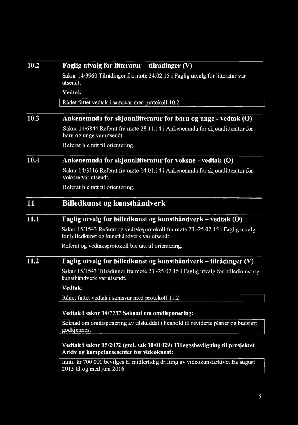 Referat ble tatt til orientering. 10.4 Ankenemnda for skjønnlitteratur for voksne - vedtak (0) Sakar 14/3116 Referat fra møte 14.01.14 i Ankenemnda for skjønnlitteratur for voksne var utsendt.