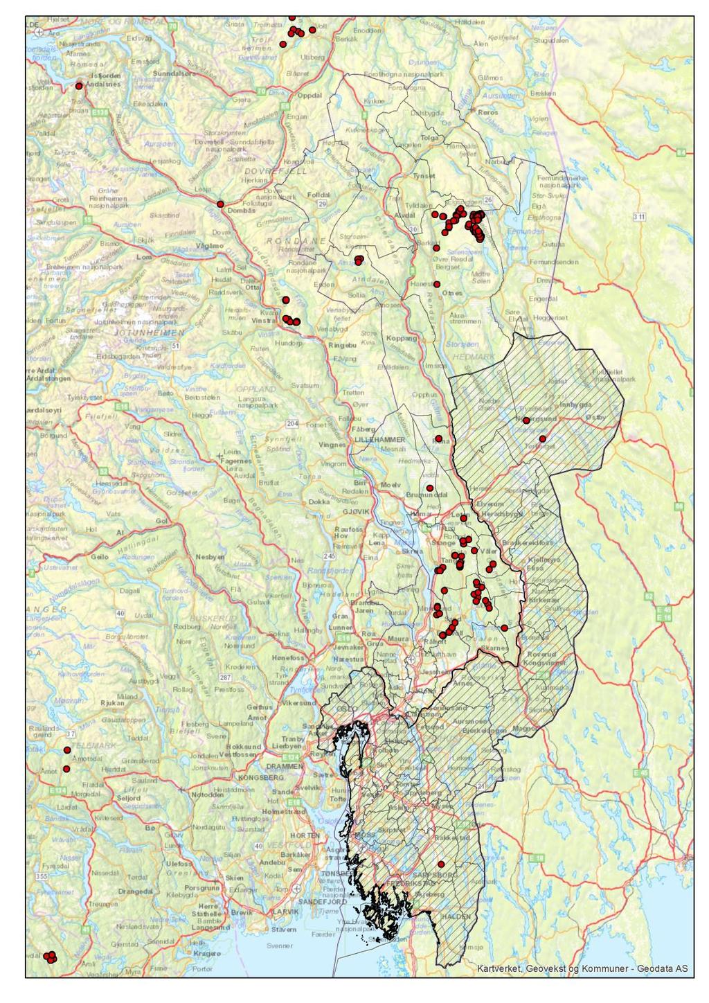 Tap 2016 Fig. 5 viser hvor det i 2016 ble dokumentert tap av sau til ulv (NB!