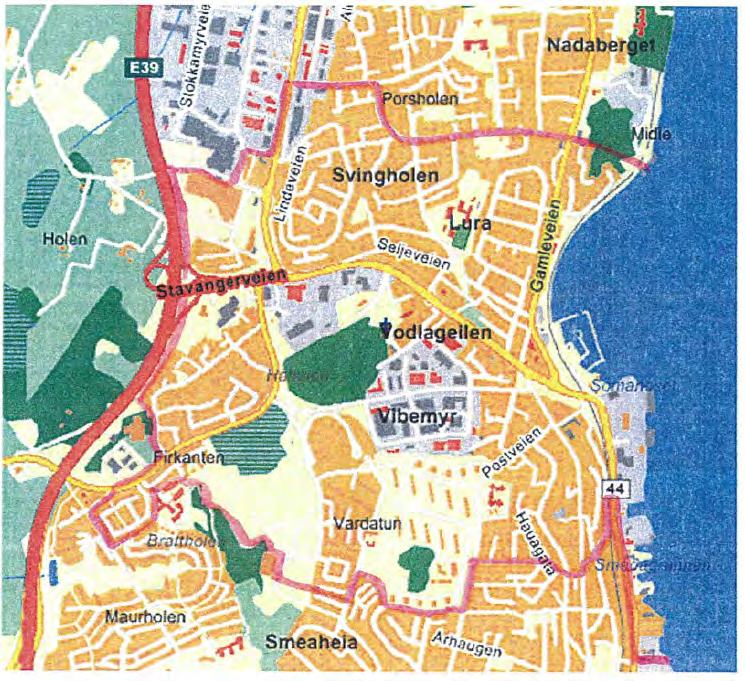 Side 10 av 21 Figur 2-2: Inntaksgrenser Lura skole, (Kilde Sandnes kommune 2013 2.2.5 Næringstrafikk I Svarthyllveien 1 ved krysset Lerkeveien Stavangerveien ligger et næringsbygg (Hjelseth Computers As) med kontor, salg og servicevirksomhet.