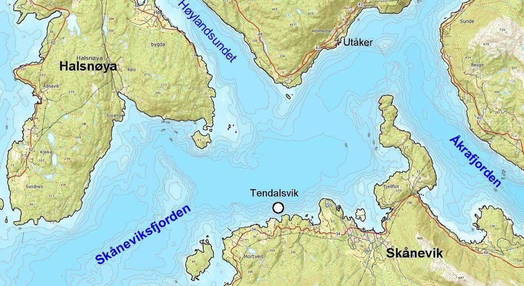 1: Oversiktskart over Skånevikfjorden. Firkant viser kartutsnittet for undersøkelsesområdet ved lokaliteten Tendalsvik. Lokaliteten er markert med hvitt punkt i kartet.