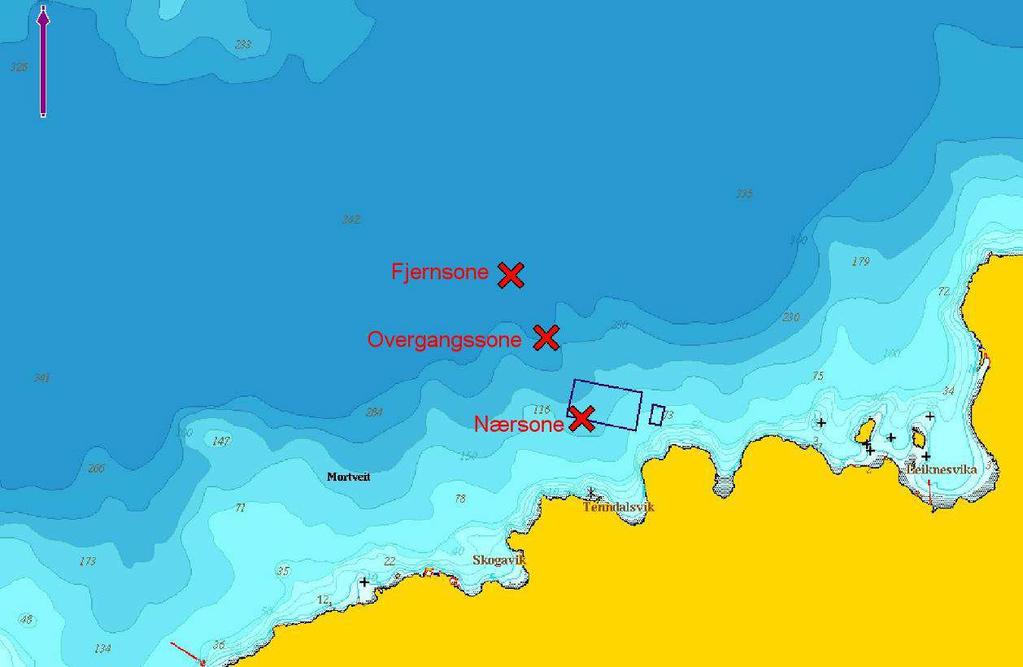 Figur 2.3: Lokalitet Tendalsvik. Skisse av anleggets plassering med punkt for prøvestasjonerstasjoner tegnet inn. Eksakt plassering av stasjonene er gitt i Tabell 2.1. Kart kilde: Olex. 2.2 Innsamling, opparbeiding og metoder Prøveinnsamlingene ble gjort 16.