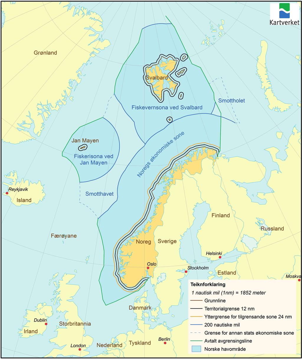 14 Meld. St. 40 2012 2013 Figur 2.1 viser dei ulike sonene under norsk jurisdiksjon og dei internasjonale havområda Smottholet i Barentshavet og Smotthavet i Norskehavet.