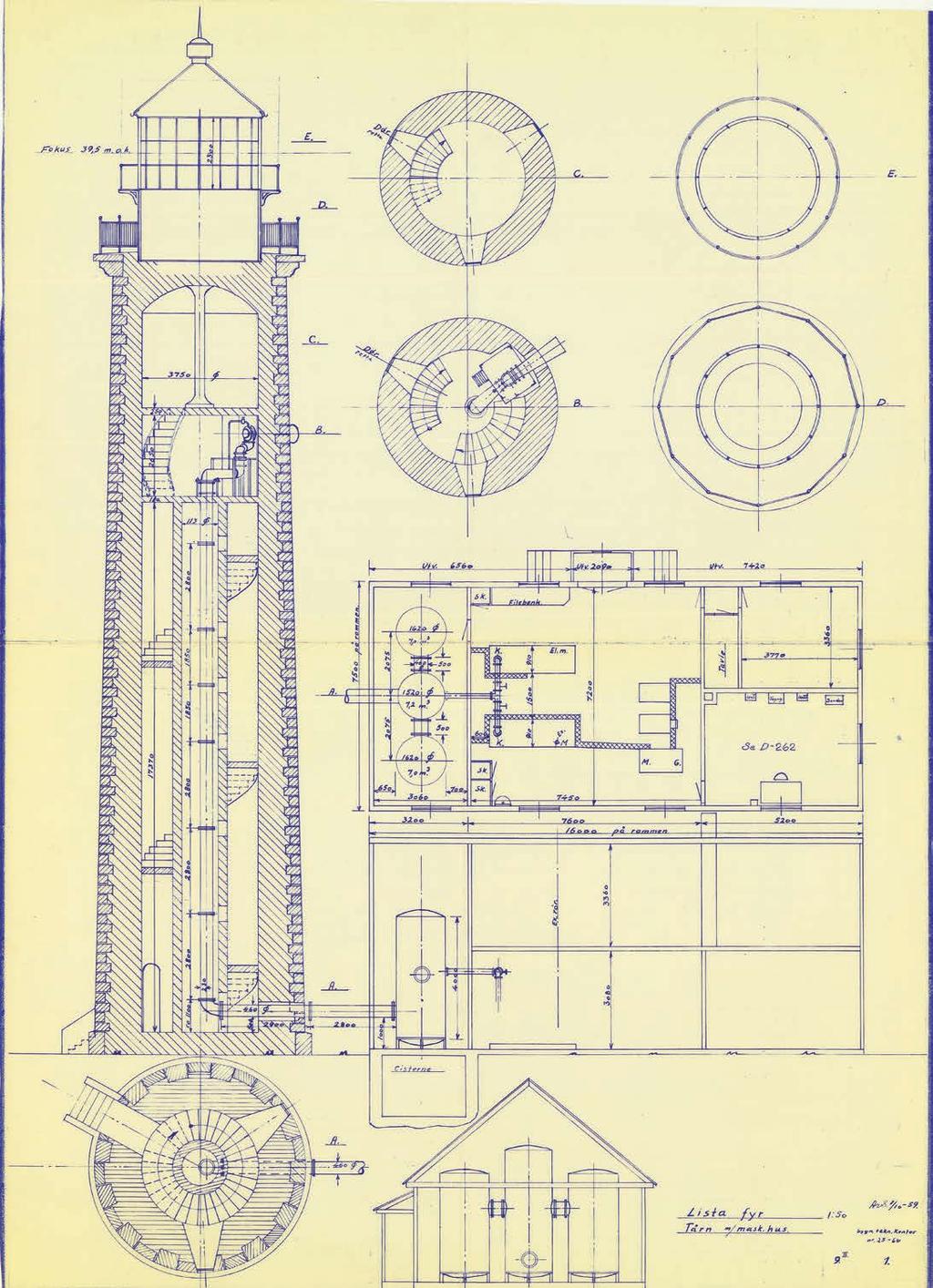 Snitt og planer av Lista fyrtårn. Tegning fra 1969.