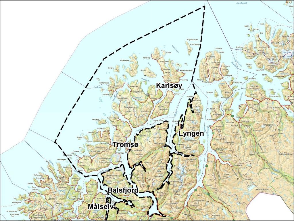 4 1.2 PLANOMRÅDET Planområdet omfatter sjøarealene (overflate, vannsøyle og bunn), avgrenset av kystkontur. I kommunene Målselv, Balsfjord, Tromsø og Karlsøy er alt sjøareal med.