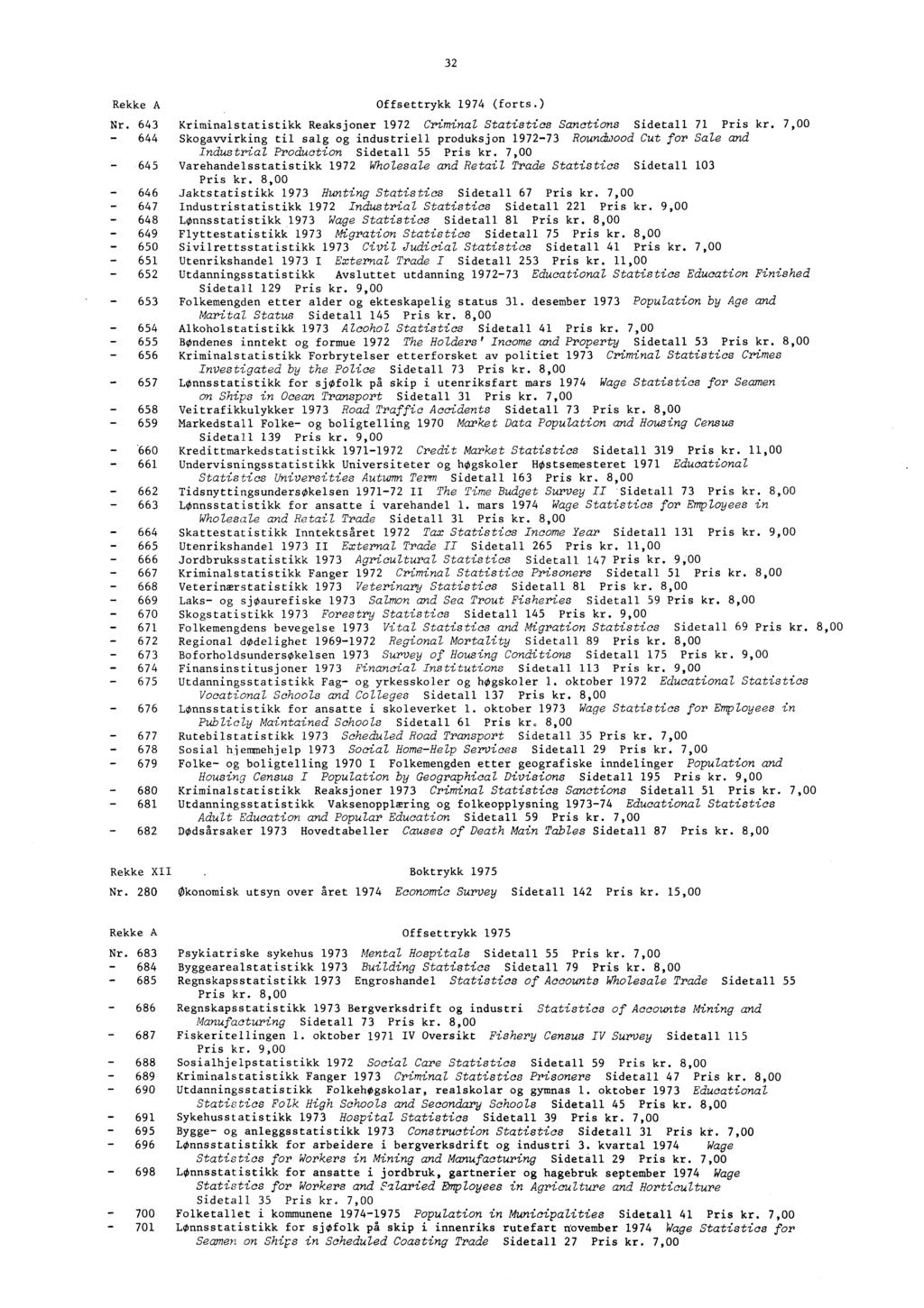 32 Rekke A Offsettrykk 1974 (forts.) Nr. 643 Kriminalstatistikk Reaksjoner 1972 Criminal Statistics Sanctions Sidetall 71 Pris kr.