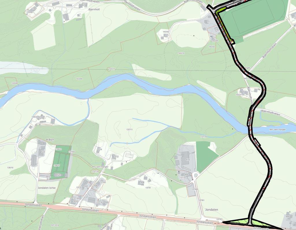 En del av planområdet inngår i den nylig vedtatte reguleringsplanen, Boligområder ved Jondalen idrettsplass som har planid 375.