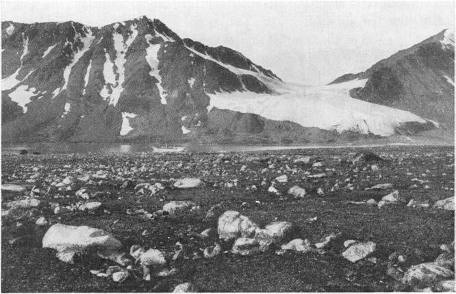 [107] 3 Fig. 1. Parti fra Møllerhamna med indre del av Kong Haakons Halvøy på Spitsbergen. I forgrunnen er der dannet strukturmark i jord med store blokker.