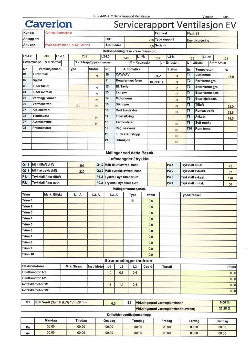 5E-04-01-A32 5ervicerapport Ventilasjon Versjon 005 Caver ion Servicerapport Ventilasjon EV Kunde: Garnes Barneskole Fabrikat Flexit 59 Anlegg nr: OUT -10 Type rapport Energivurdering Ani. adr.