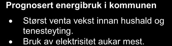 GWh GWh Energiutgreiing Meland kommune 2011 4 UTVIKLING ENERGIBRUK Her har vi laga prognose for en sannsynleg utvikling av energietterspurnaden fordelt på energiberarar og brukargrupper i kommunen.