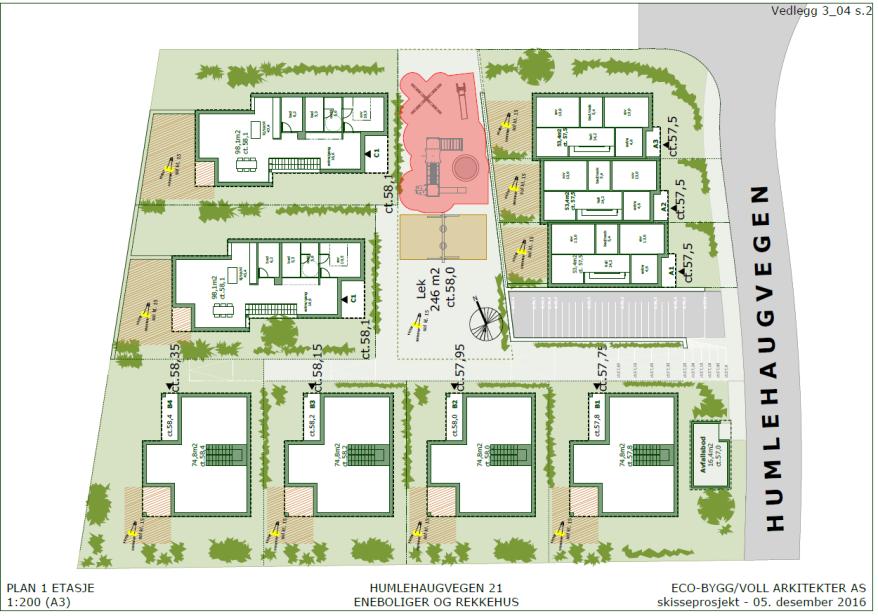 Side 6 Hver boenhet har et mindre privat areal på bakkeplan ved inngangen, og uteoppholdsareal på motsatt side. Alle boligene har sol fra vest på det private uteoppholdsarealet.