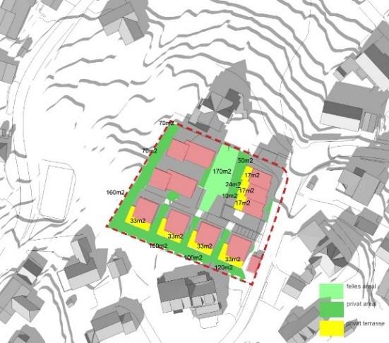 04. kl 1500: 170 m 2, mer enn 50% av 225 m 2 23.06. kl 1800: 90 m 2, mindre enn 50% av 225 m 2 Uteområdene har maks stigning på 1:15. 23.06. klokka 1800 Alle boliger har tilgang til nærlekeplass innen 50 meter.