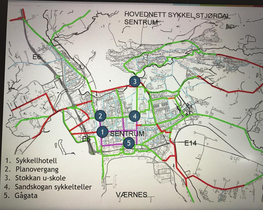 Befaring Kartet nedenfor viser hovednett for sykkel i Stjørdal sentrum.