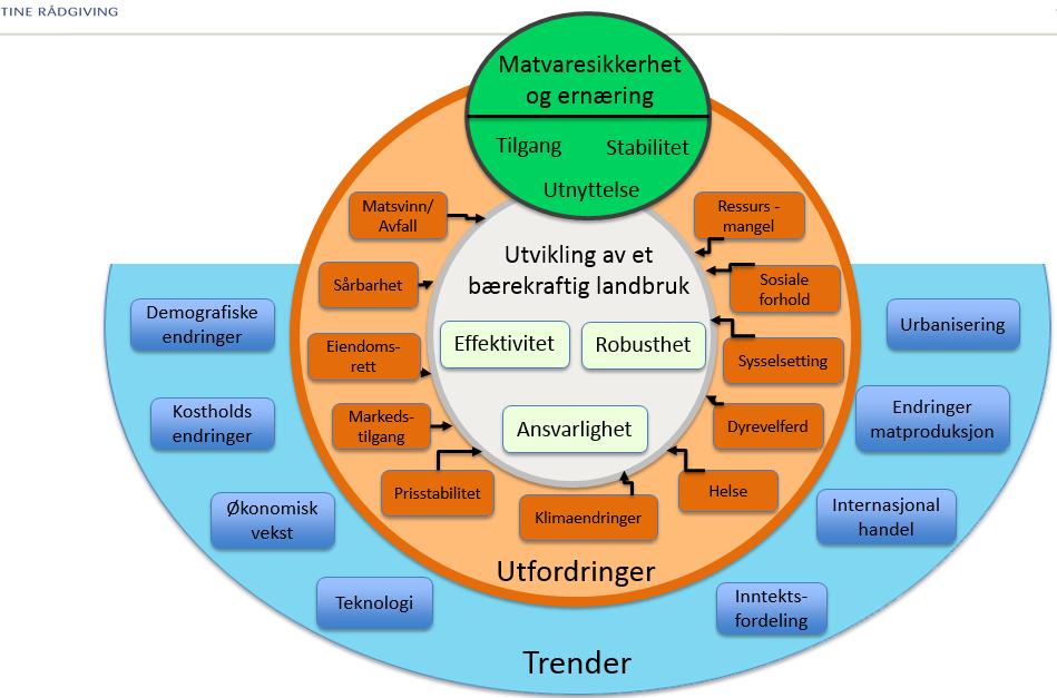 Bærekraftig matproduksjon ulik tilnærming og utfordringer Bærekraftig matproduksjon er en utvikling som bidrar til bedre ressurseffektivitet, robusthet for å sikre sysselsetting, sosial likhet og