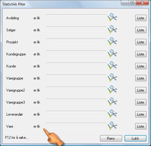 Statistikk Det er to metoder for dette. Trykk «Filter» og du får opp filtervinduet. 1. Trykk på søkeknappen ved hvert valg for å legge til en faktor å filtrere på. 2.