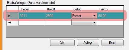 2 Oppsett Faktor Sett faktor som skal multipliseres med «Beløp» for å debiteres/krediteres. 15% blir da skrevet inn som 0,15.