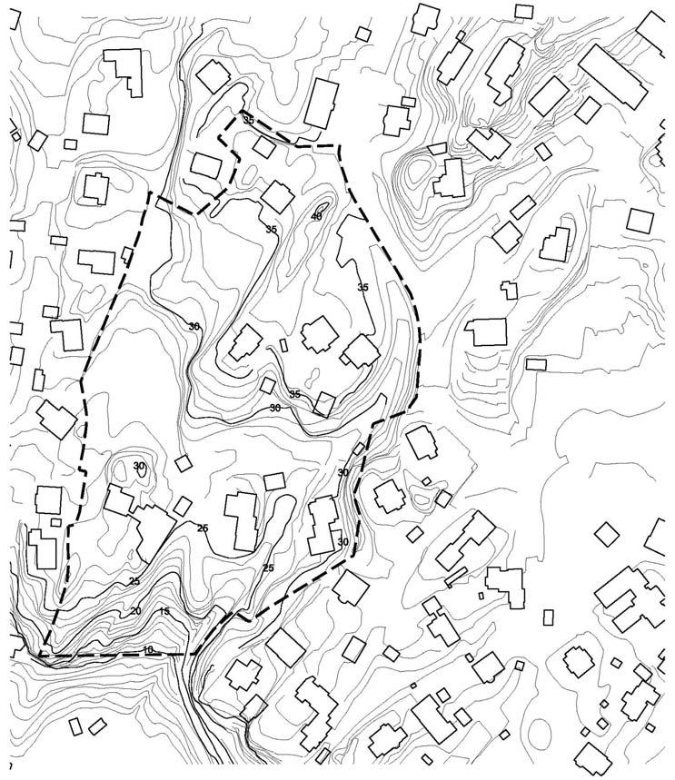 Figur 2. Temakart som viser topografi i planområdet. Berggrunnen i området er i følge geologisk kart frå NGU delvis bestående av grønnstein, amfibolitt og konglomerat, sedimentær breksje.