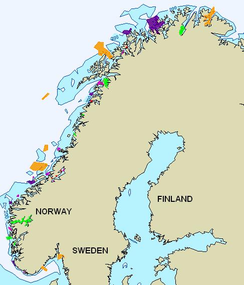 Liste A. Kart over områder foreslått tatt med i marin verneplan.