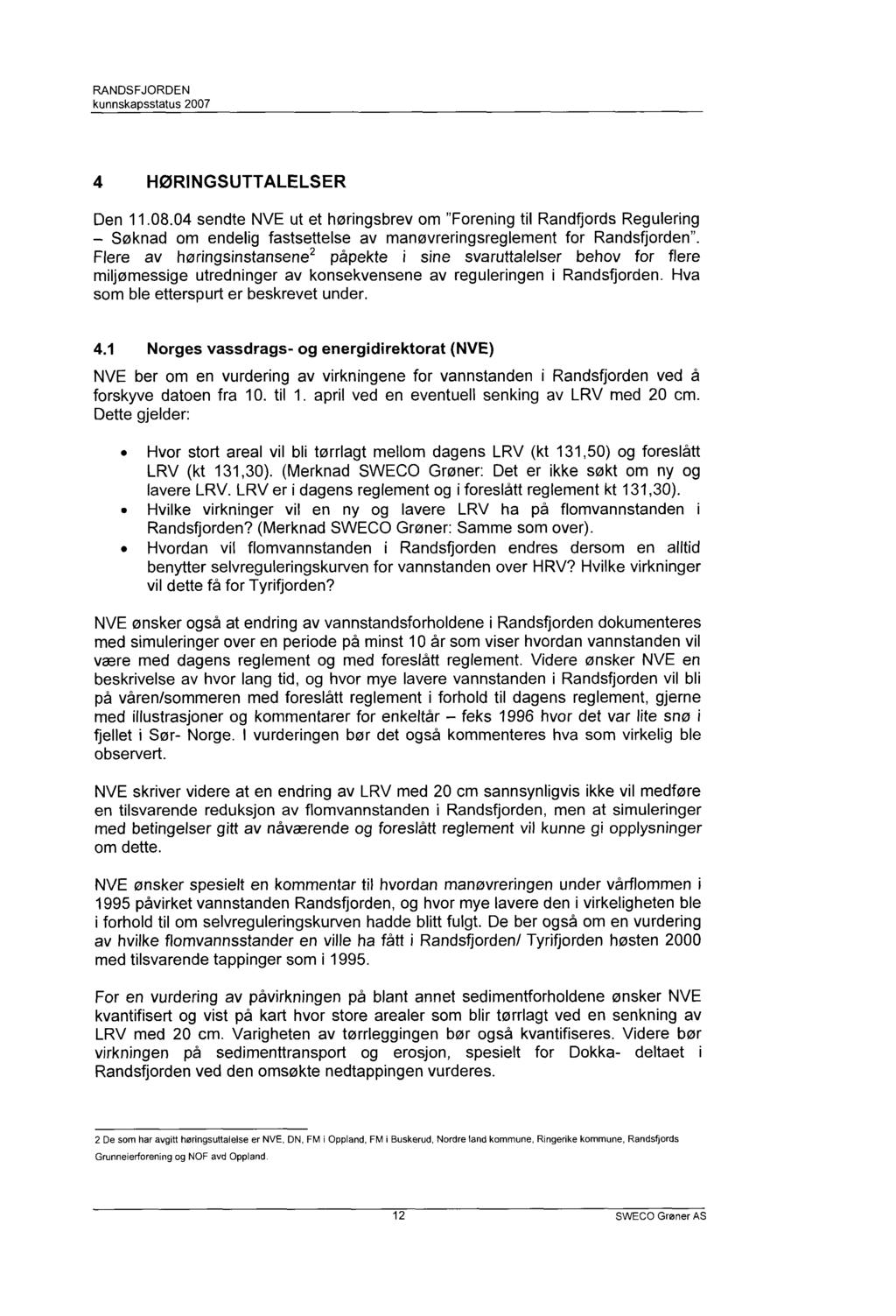 4 HØRINGSUTTALELSER Den 11.08.04 sendte NVE ut et høringsbrev om "Forening til Randfjords Regulering Søknad om endelig fastsettelse av manøvreringsreglement for Randsfjorden".
