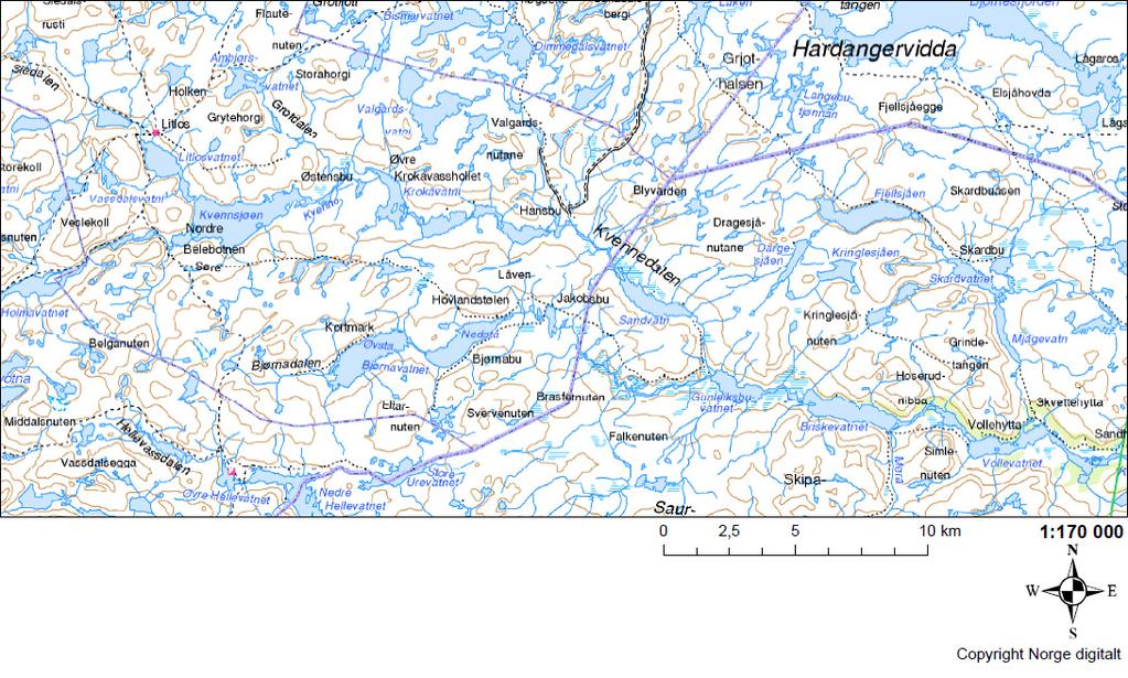 Hele området ligger innenfor Hardangervidda Nasjonalpark og er dekket av kartbladene Lågaros 1515 III, Nordmannslågen 1415 II og Hårteigen 1415 III (M 711-serien). Figur 1.