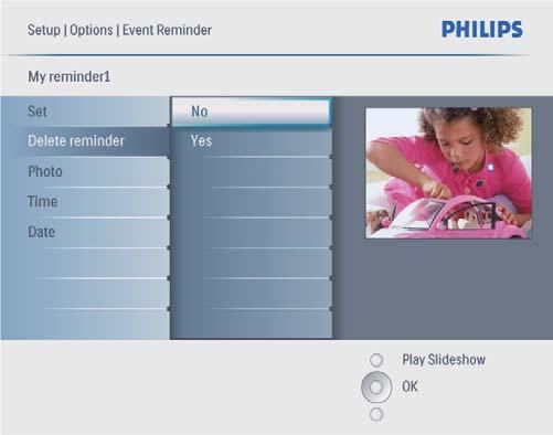 3 Velg en påminnelse, og trykk deretter på OK 5 Velg [Yes], og trykk deretter på OK for å bekrefte. 4 Velg [Set], og trykk deretter på OK for å bekrefte.