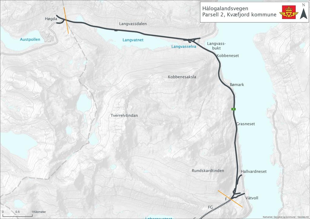 4.7.2 Kvæfjord I Kvæfjord er det definert to parseller (2 og 3), hver på ca. 10 km. Våtvoll utgjør skillet mellom disse to. PARSELL 2: Kommunegrense Kvæfjord-Våtvoll Dagens rv.