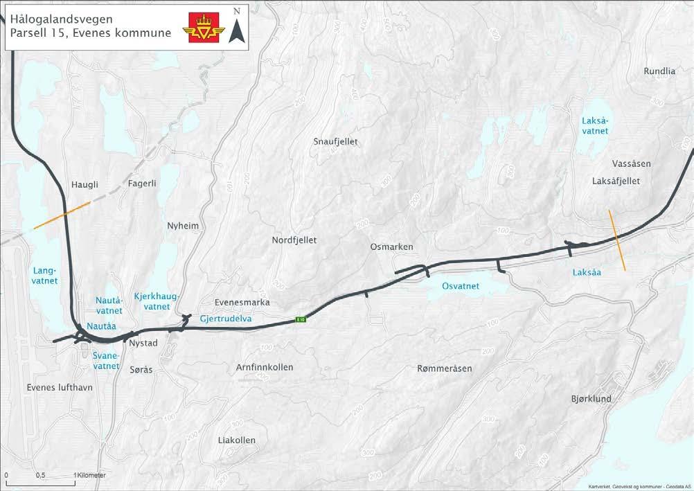 4.7.7 Evenes Strekningen gjennom Evenes der delt i tre parseller, 15, 16 og 17, med ny tunnel vest for Bogen.