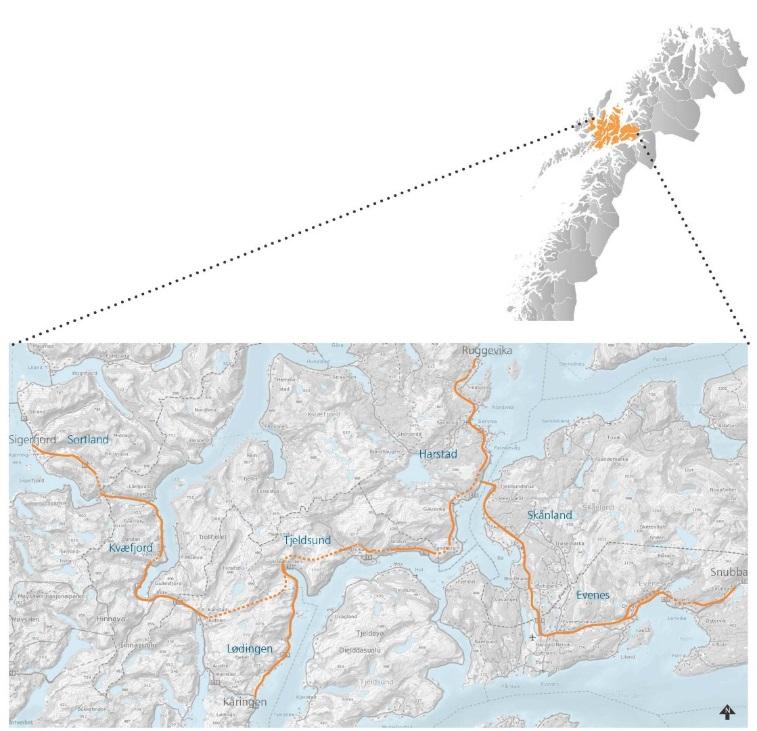 2 Planområdet og hensikten med planarbeidet Prosjektet berører syv kommuner i Nordland og Troms fylker og er totalt 159 km langt (Figur 2-1).