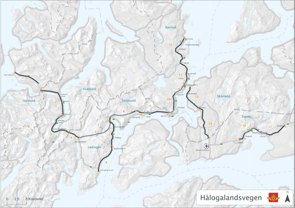 4 Beskrivelse av tiltaket ny Hålogalandsveg Prosjektet er delt inn i 17 parseller som vist i kartet under, hvor parsell 15 er tatt ut.