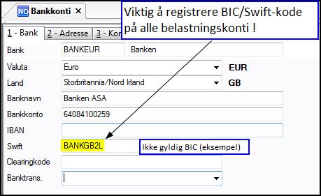 Bankkonto BIC/Swift-kode må legges inn på alle