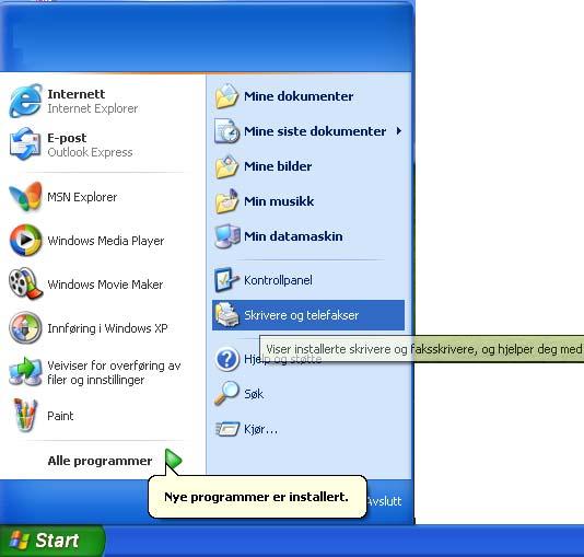 6 Velg Fullfør. Angi skriveren som standardskriver (Kun for Windows 2000/XP-brukere) 1 Velg Start og deretter Skrivere og telefakser.