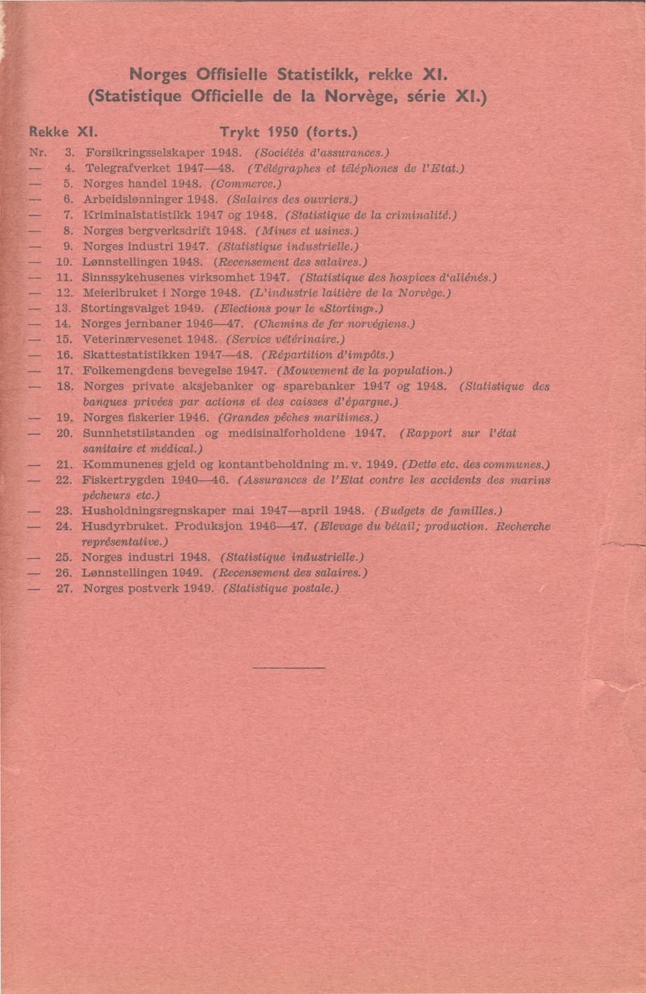 Norges Offisielle Statistikk, rekke Xl. (Statistique Officielle de la Norvége, série XL) Rekke XI. Trykt 950 (forts.) Nr.. Forsikringsselskaper 948. (Sociétés d'assurances.) 4. Telegrafverket 947-48.