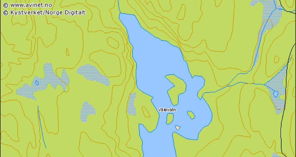 Figur 2. Kart over Vålevatn i Vegårshei. Ufsvatn ligg i forkastningssona gjennom Nelaug og Vegår (Skov m.fl. 199).