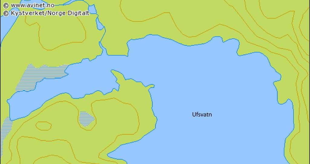 Figur 3. Kart over Ufsvatn i Vegårshei. Talet 1 viser innløpet av Ufsvassbekken.