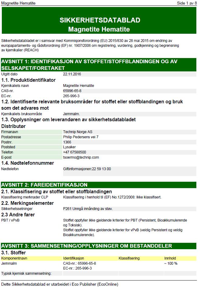 Vedlegg 1 Sikkerhetsdatablad for ballasteringsmaterialet