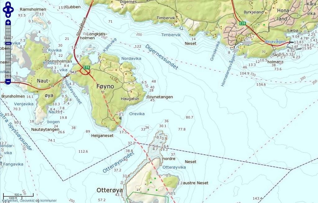 Figur 3 Tareskogområde vest for Otterøya (kilde: Fiskeridirektoratets karttjeneste) En miljøkonsekvensanalyse fra 2001 utført for Aker Stord vedrørende oljeplattformen Maureen i Digernessundet