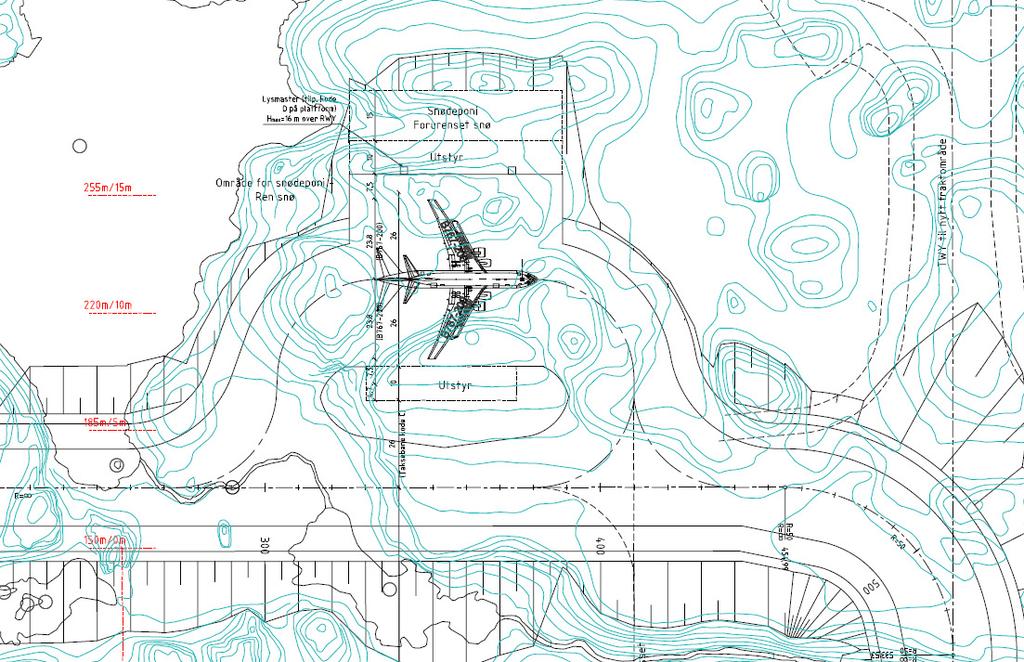 Figur 2.4 Alternativ 2A Syd kode C For alternativ 2 er også B767-200 bestemmende for avstand fra senterlinje avisningsplattform til utstyr og lysmaster.